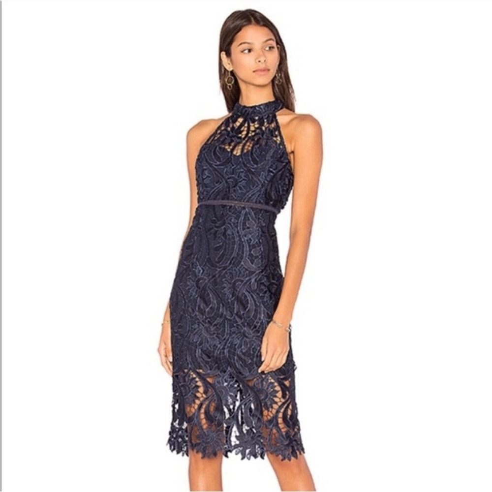 BARDOT Isa Lace Halter Midi Dress in Navy Size 4 Cocktail Party Wedding Guest